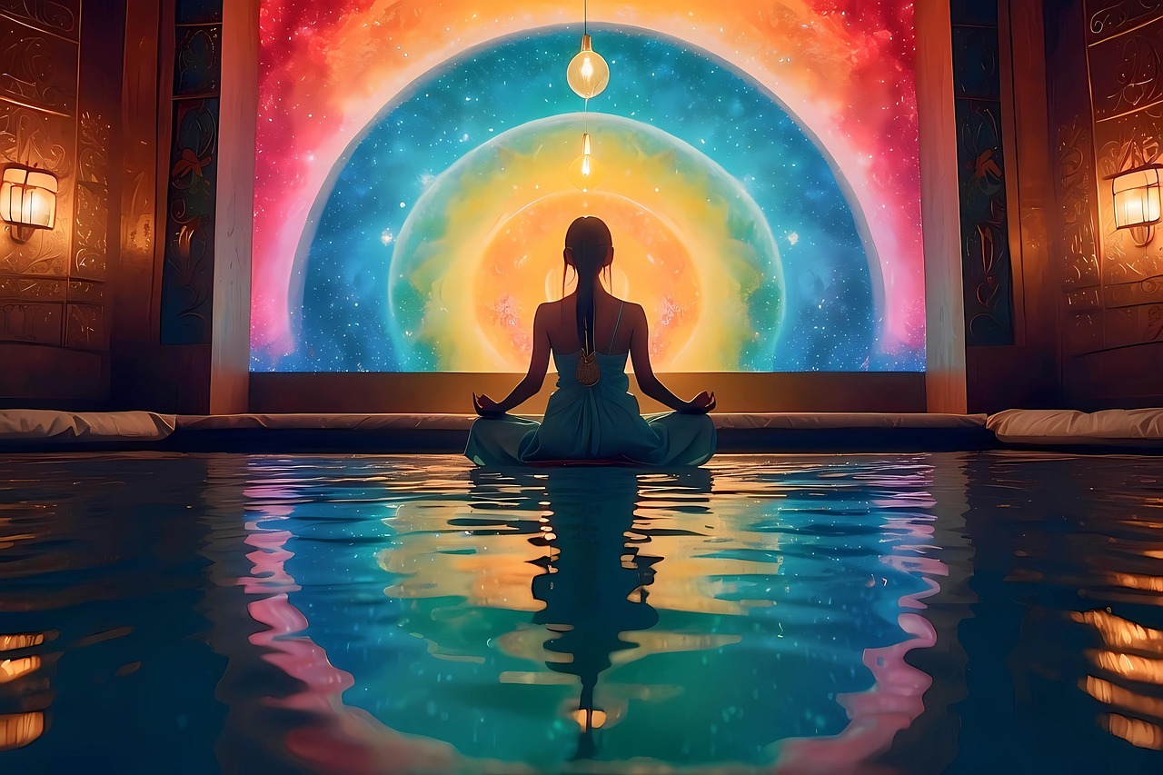 ai generated, yoga, meditation, meditate, relaxation, peace, water, colorful, spiritual, calm, light, energy, inspiration, thinking, idea, creativity, pondering, mind, evolve, person, imagination, religion, nature, faith